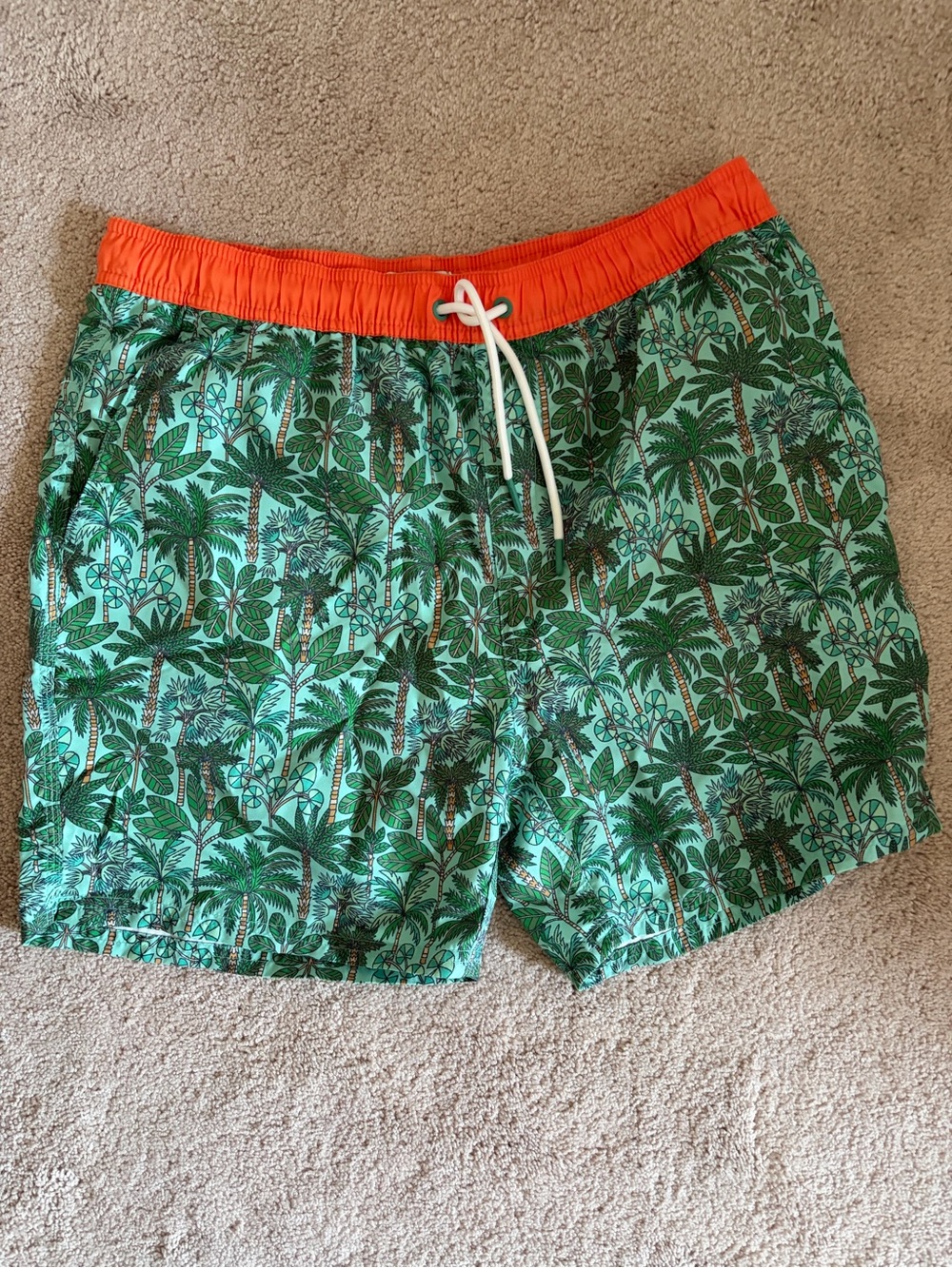 Boden Green Tropical Print Swim Trunks with Orange Waistband